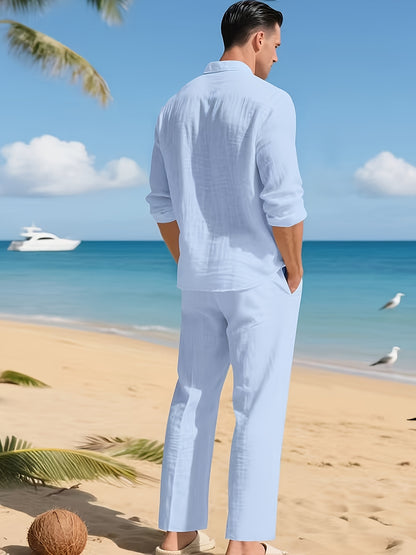 Men's Linen Casual 2pcs Set Breathable Long Sleeve Shirt & Pants Set Semi-Formal Casual Beach Vacation Wear