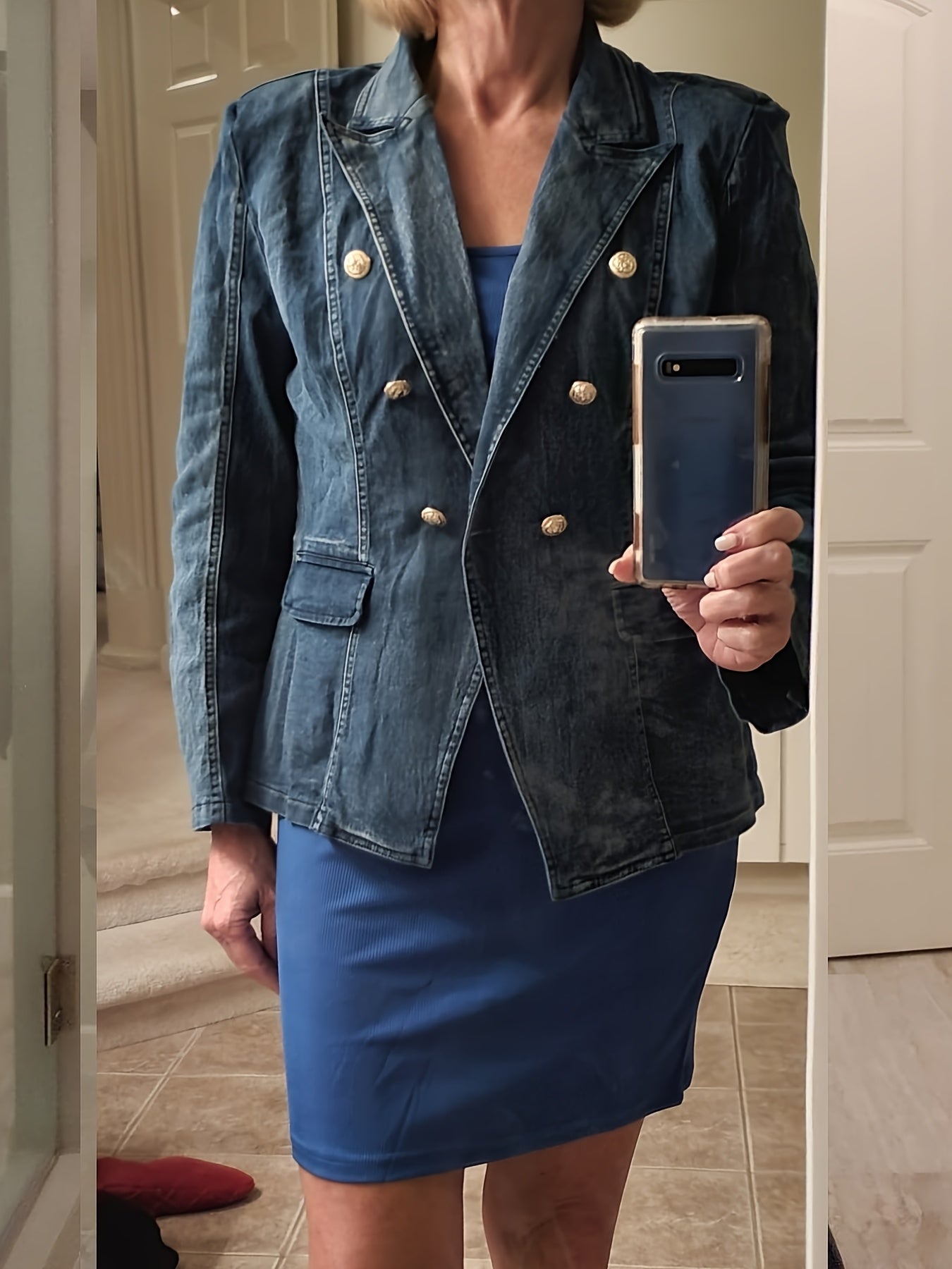 [Business Casual Blazer] Blazers for Women Business Casual Denim Long Sleeves Lapel Double Breasted Jacket