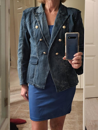 [Business Casual Blazer] Blazers for Women Business Casual Denim Long Sleeves Lapel Double Breasted Jacket