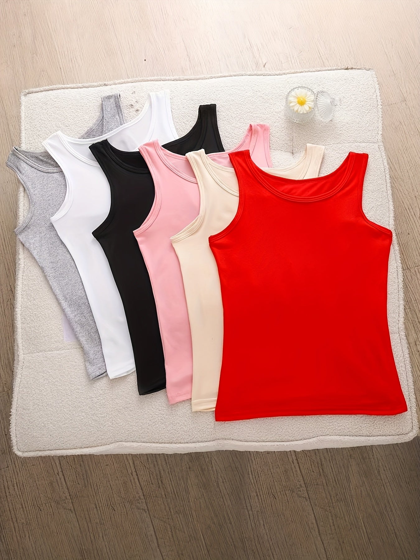 6pcs Women's Soft Sticky Blouses - Sleeveless Shirts with Semi-Sheer Adhesive Top Layer (No Padding), Breathable All-Season Vest for home & Layering, Red/Beige/Black/White/Grey - Casual Sleeveless Blouses for s, Hand Washable