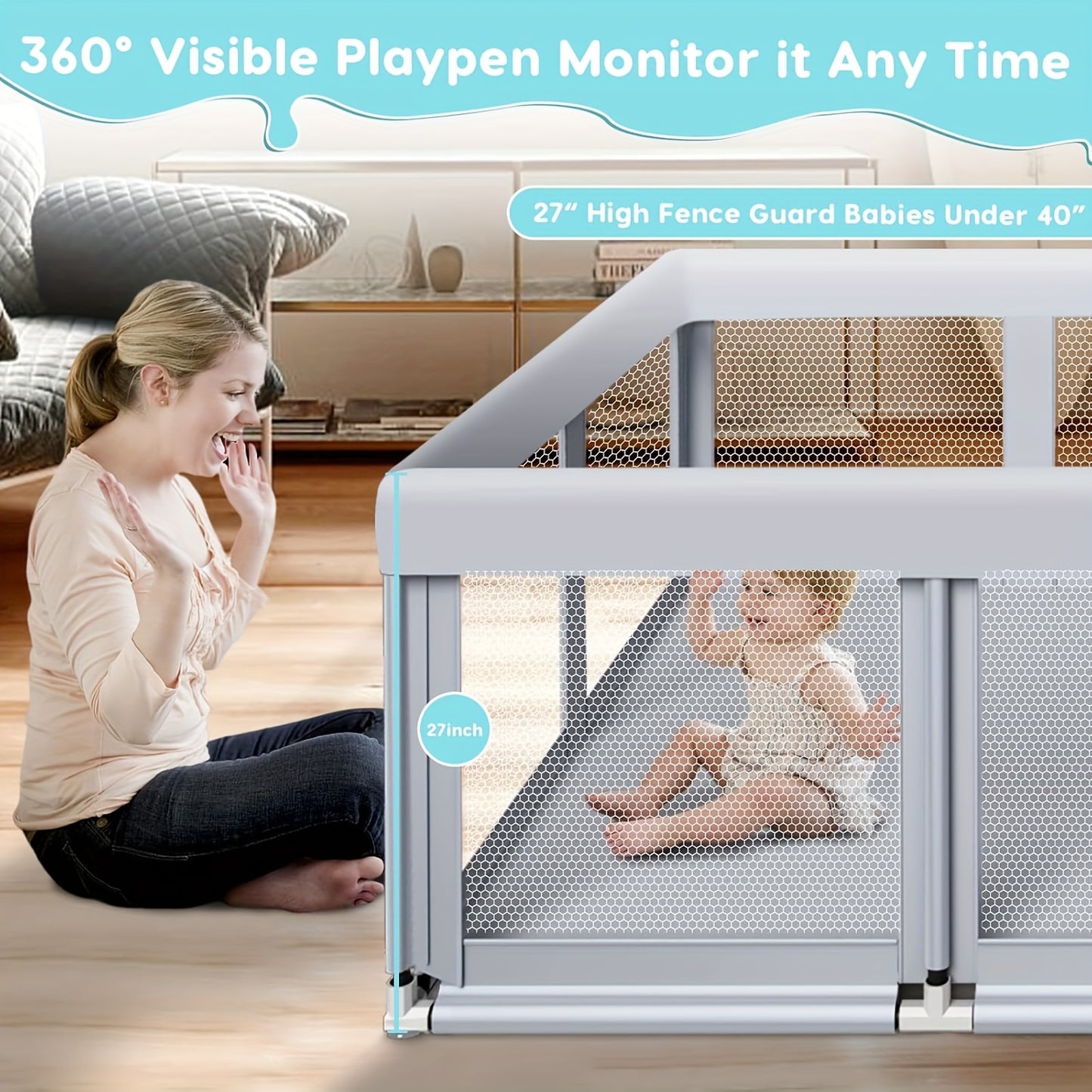 Large Baby Playpen, Baby Playard for Babies And Toddlers, Baby Fence Play Pens for Indoor & Outdoor, Sturdy Safety Play Yard with Soft Breathable Mesh, Anti-Fall, Grey