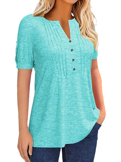 Casual Short-Sleeve T-Shirt for Women, Featuring a Pleated Design And V-Neck in Solid Colors, Perfect for Summer