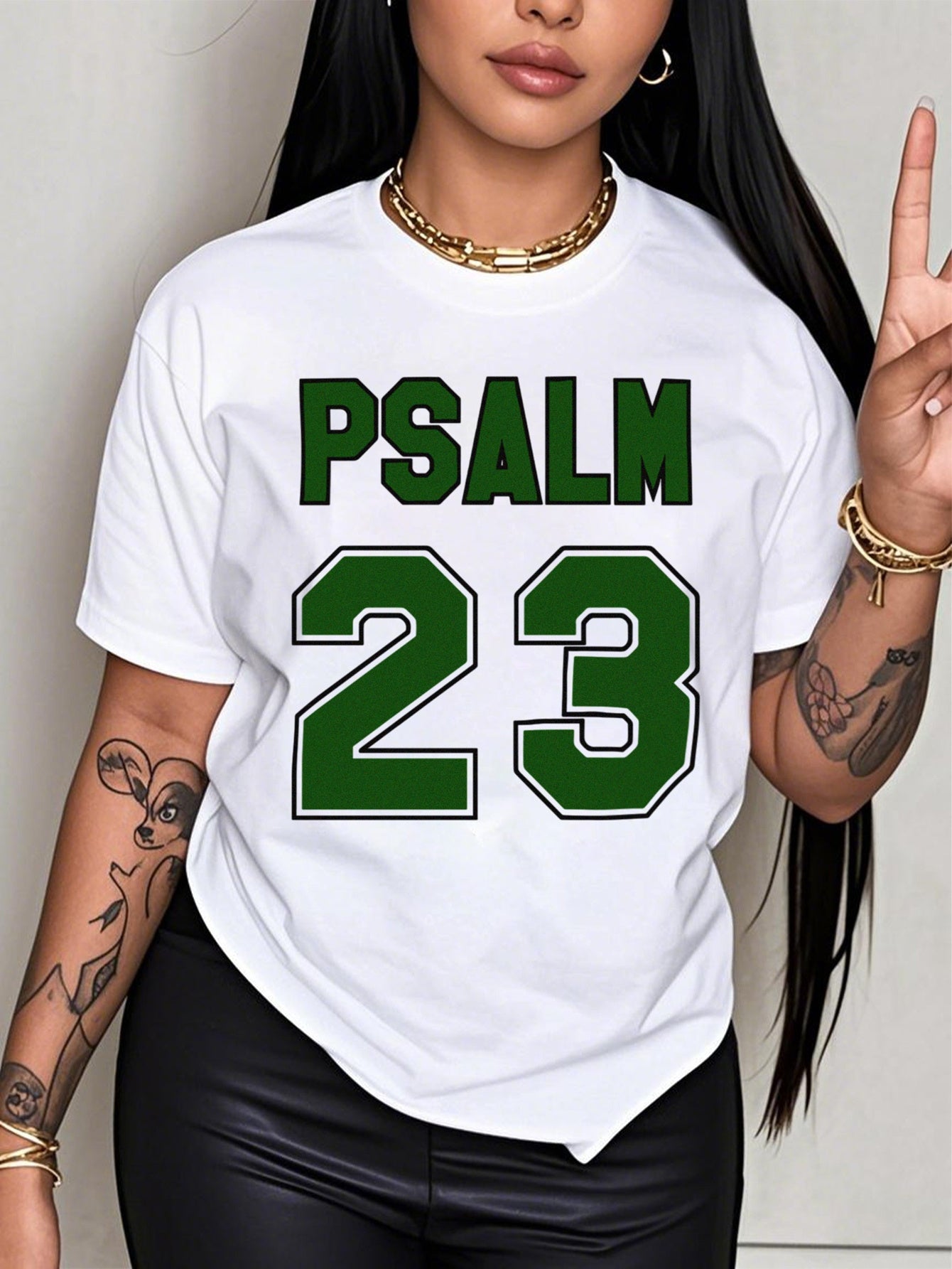 Plus Size, Women's Size Compatible Psalm 23 Bible Verse Christian T-Shirt - White with Green Lettering, Breathable Faith Top Suitable for Church, Prayer & Casual Attire - Machine Washable Summer & Year-Round Casual Wear (US Shipping Sizes)