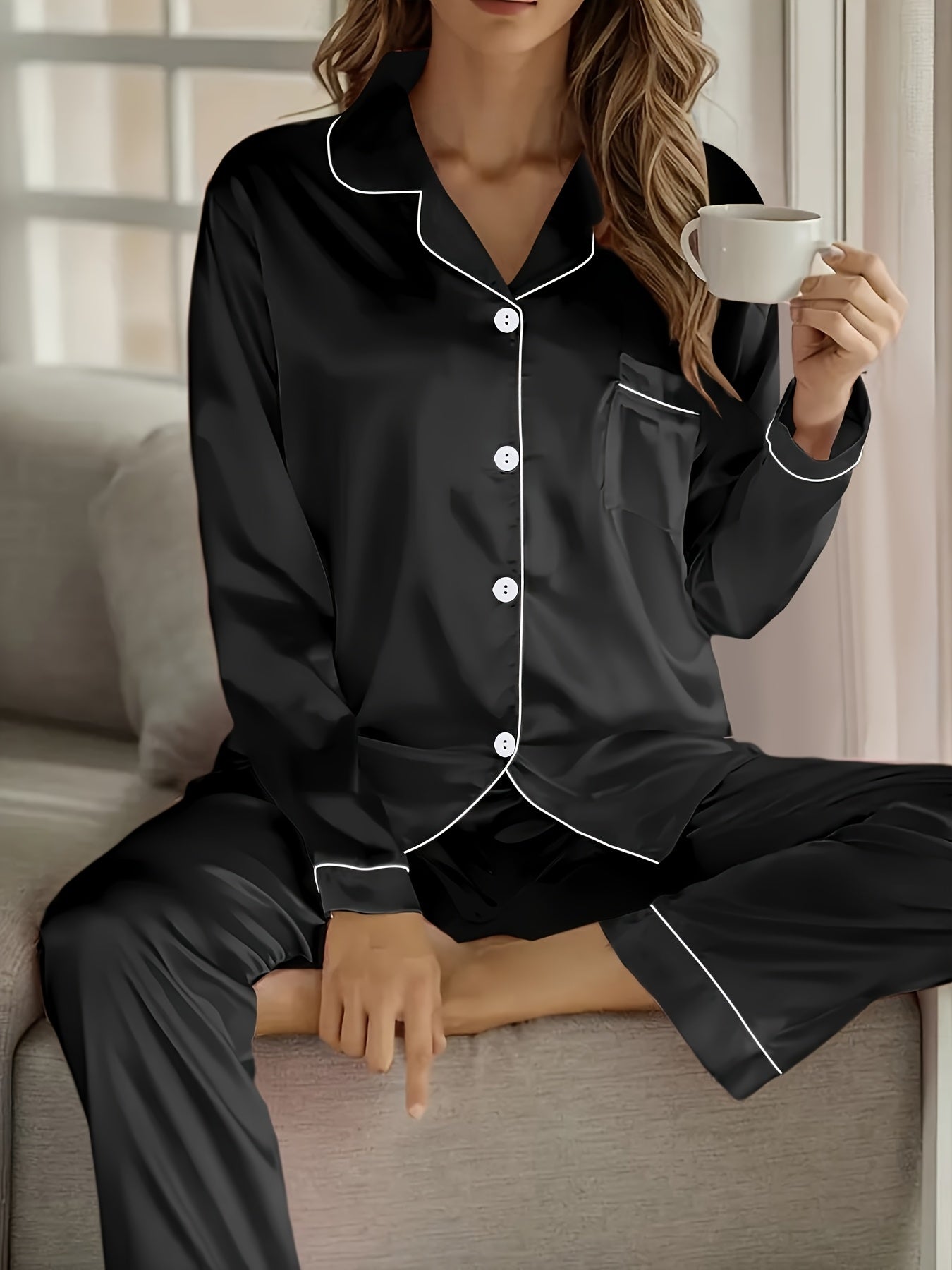 Women's Satin Casual Comfortable 1 Set 2pcs Pajama Outfit, Turn- Collar Long Sleeve Top & Elastic Waistband Trousers Women's Sleepwear