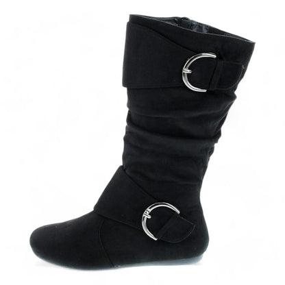 Women's Closed Round Toe Buckle Slouch Flat Heel Mid-Calf Boot