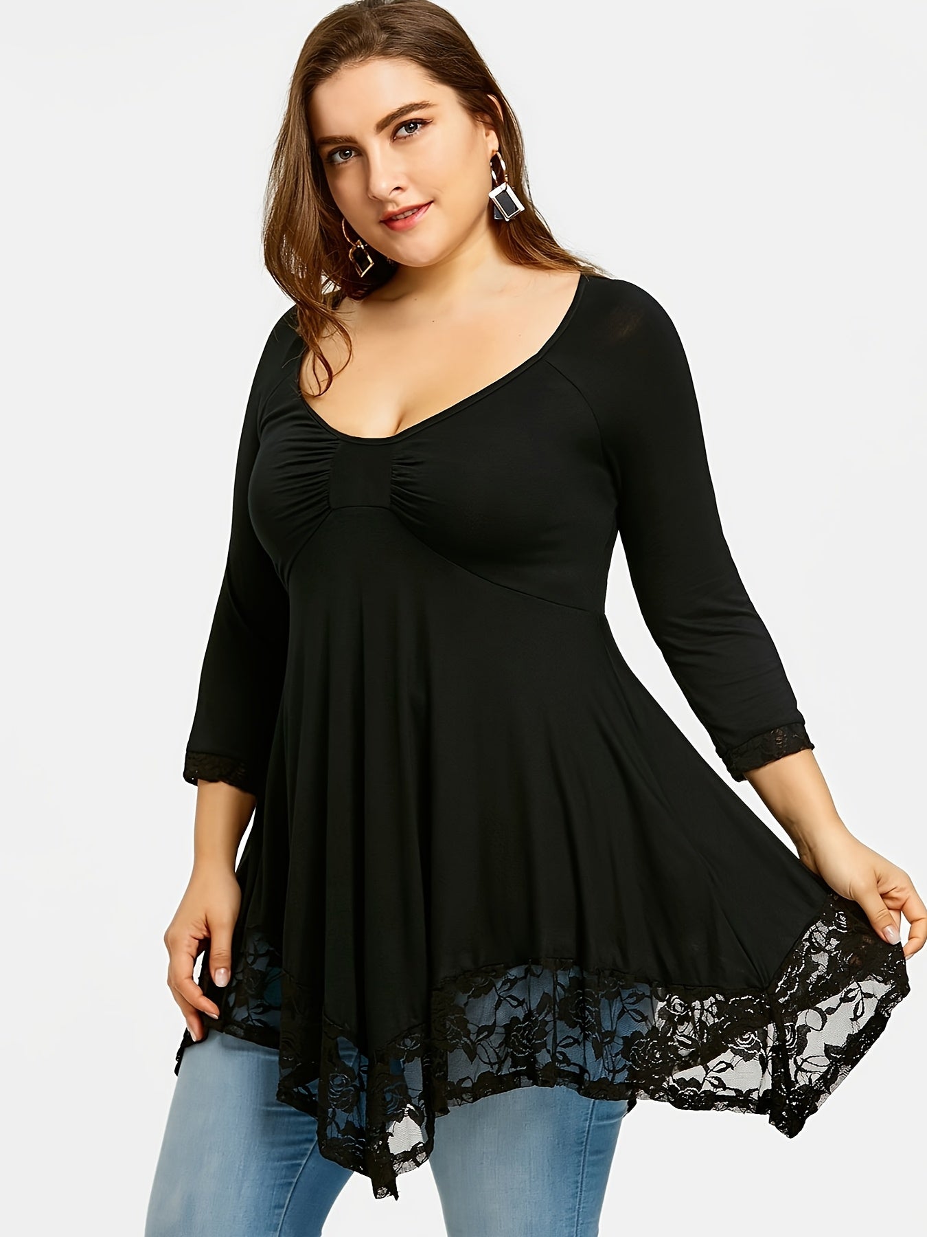Plus Size - Plus Size - Floral Jacquard Lace Top in Plus Size - Stylish Contrast Edging, Round Neckline, Long Sleeves - Elegant Solid Tops for Curvy Women for Easy Fashion