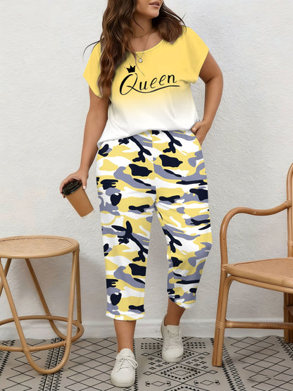 Plus Size, Spring/Summer Plus Size Women's 2pcs Set, Gradient Print And Queen Print, Round Neck Top with Capri Pants, Suitable for Home, Leis And Outings