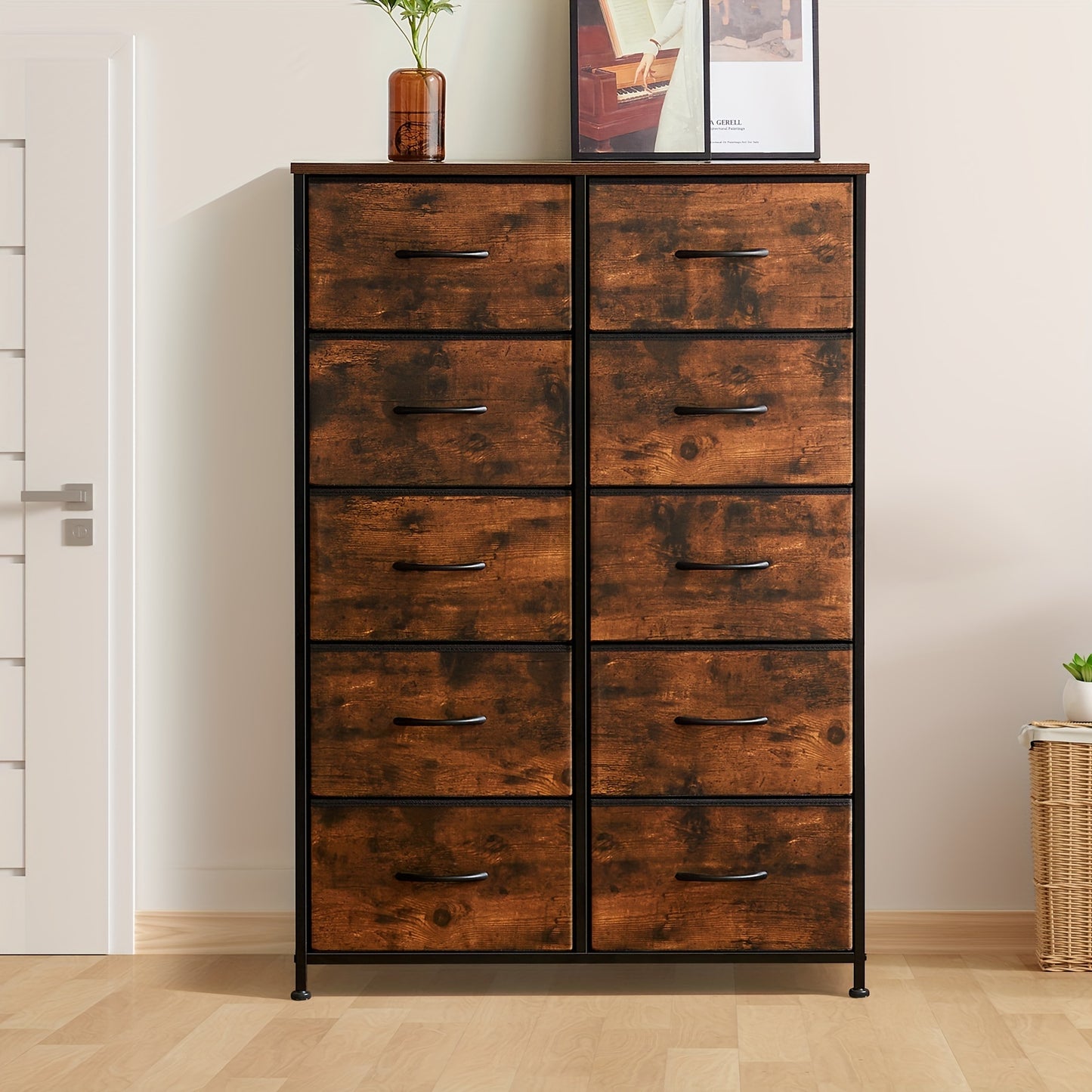 Idle Way Dresser for Bedroom with 9/10 Drawers, Dresser with Metal Frame And Wood Tabletop, Clothes Drawer Fabric Closet Organizer, Chest Storage Tower for Living Room, Entryway