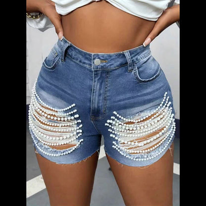 Designer'S Perforated Bead Denim Shorts