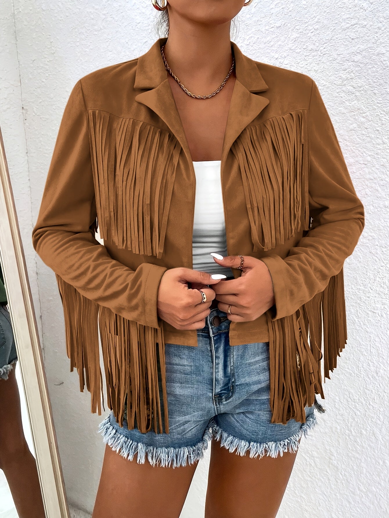 Elegant Women'S Tassel Jacket - Solid Color, V-Neck, Loose Fit for Spring/Fall, Machine Washable