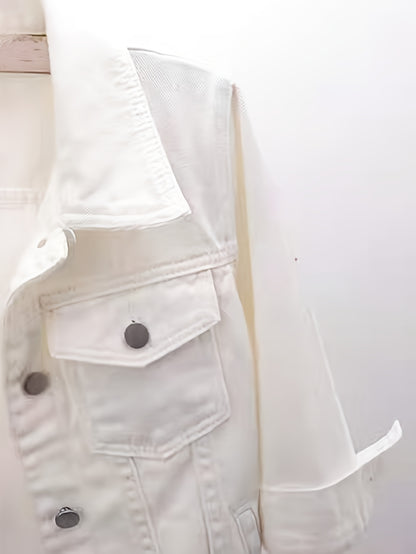 Ladies' Short Denim Jacket with a Slim Fit, Featuring 3/4 Sleeves And a Distressed Look