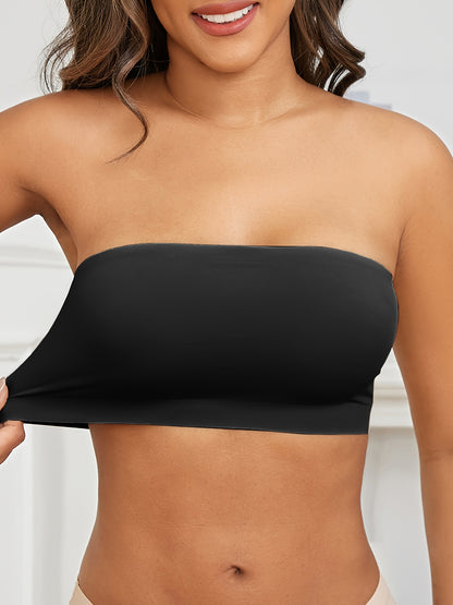 1pc ESSELEGANCE Seamless Wireless Bandeau Bra - Soft Nylon & Elastane Blend, No-Show Design, Beige/Nude, Comfortable Stretch Fit for Casual Attire