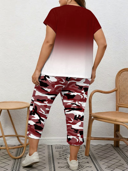 Plus Size, Spring/Summer Plus Size Women's 2pcs Set, Gradient Print And Queen Print, Round Neck Top with Capri Pants, Suitable for Home, Leis And Outings