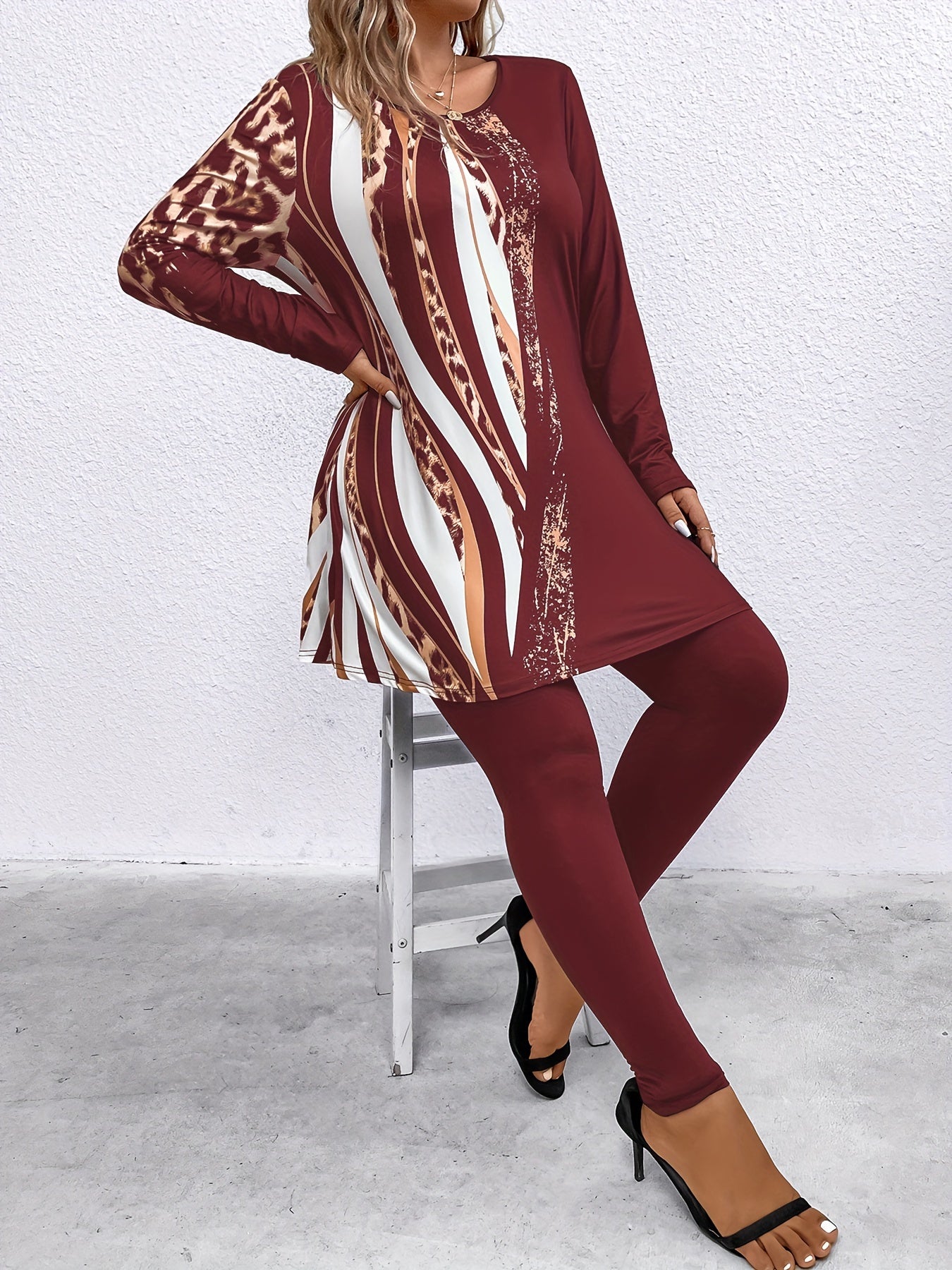 Plus Size, Plus Size 2pcs Outfits for Women Leopard Print Long Sleeve Tunic Top And High Waist Leggings Women Casual Loungewear Matching Set for Daily Wear