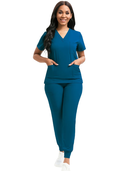 [Scrub Suit Set] Scrub Suit Set For Women Modern V-Neck Top T-Shirt & Tapered Leg Jogger Pants With Drawstring 2pcs Set Nursing Uniforms Set Suitable For Pet Hospitals, Dental Clinics, Nursing Work, Etc