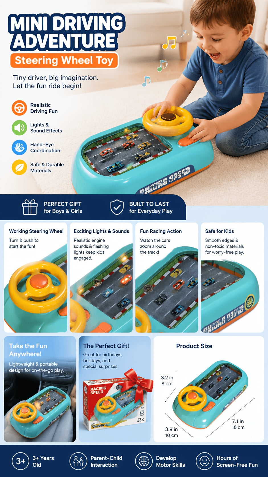 Children's Steering Wheel Driving Toys Vehicle Electronic Simulation Racing Adventure Game Kid Toys Cool Interactive Xmas Gifts