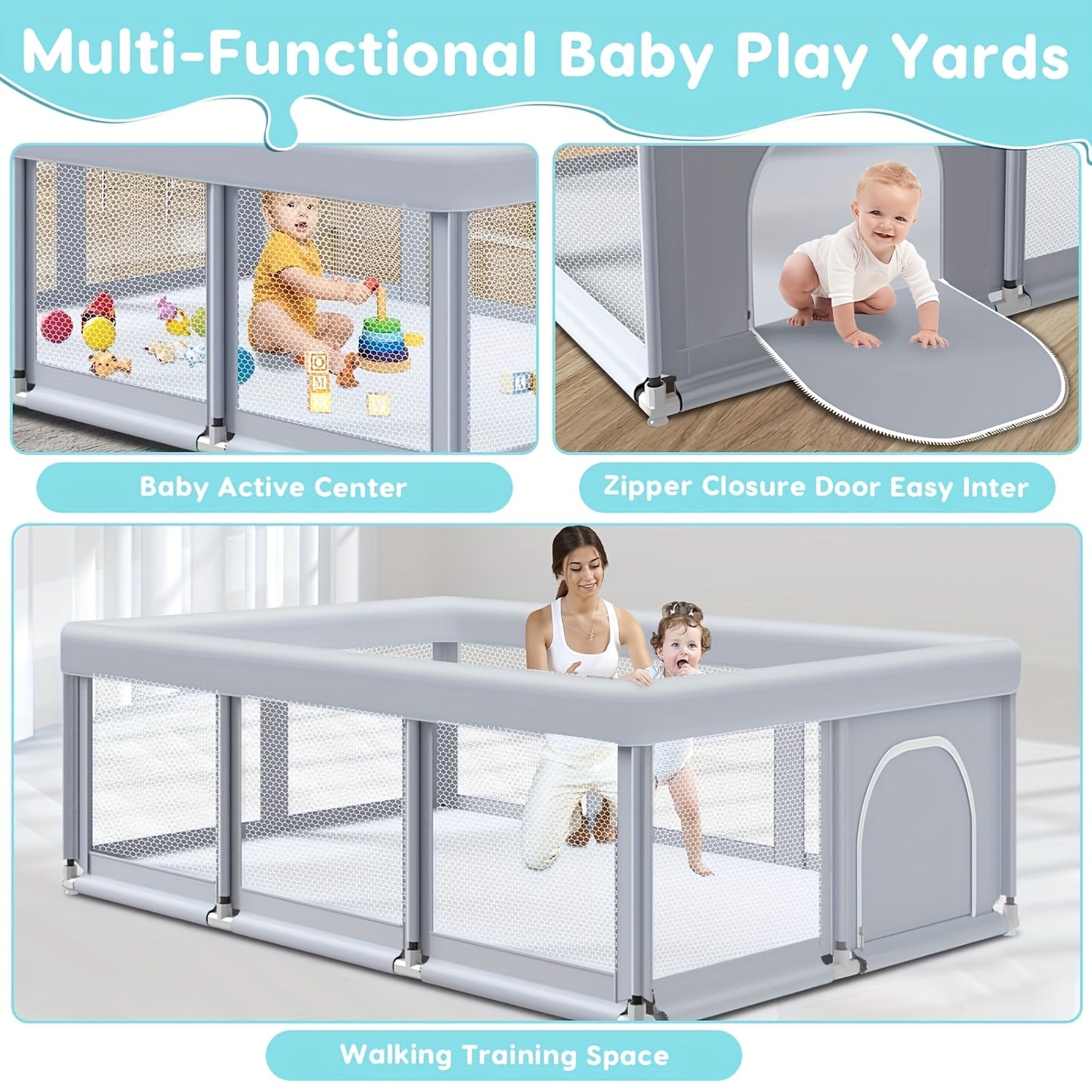 Large Baby Playpen, Baby Playard for Babies And Toddlers, Baby Fence Play Pens for Indoor & Outdoor, Sturdy Safety Play Yard with Soft Breathable Mesh, Anti-Fall, Grey