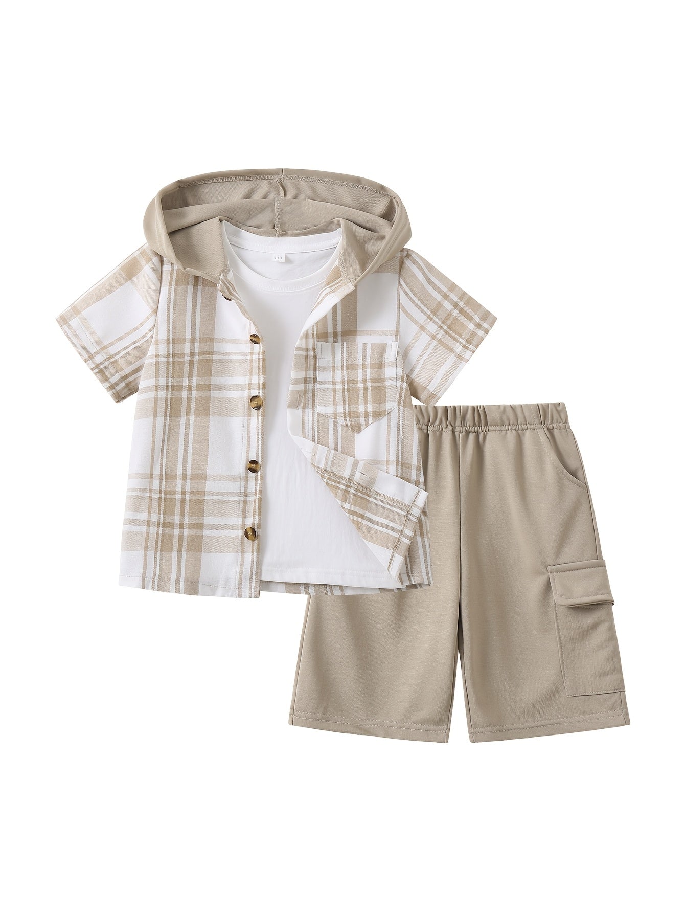 2pcs, Children's Short-sleeved Plaid Shirt Shorts Hooded Top Cardigan Fashion Casual Children's Shorts Set, Perfect for Outdoor