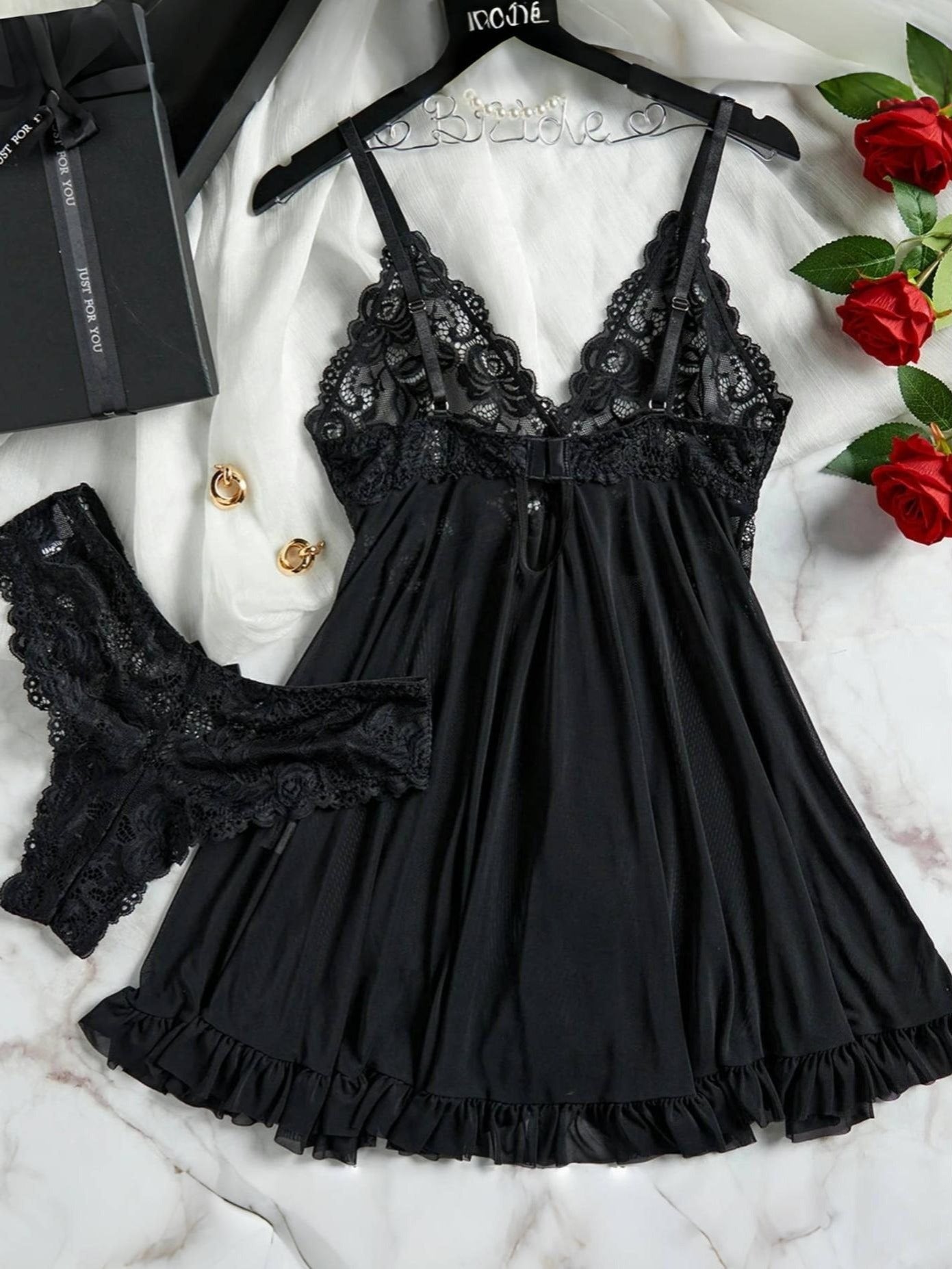2pcs V-Neck Sexy Hot Contrast Lace Mesh Chemise Babydoll Naughty Lingerie Dress Set Nightwear Nightgown, All-Season Polyester Slip Dress Skimpy Clothes, Soft and Comfortable Sleepwear Intimate Apparel for Women, Christmas Gifts New Year Anniversay Dating
