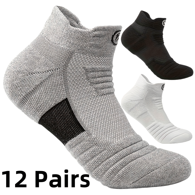 12 Pairs of Men's Thick Towel Fabric Sole Anti-slip and Moisture-absorbing Sports Socks, with Cushioning and Breathable Design, Suitable for Marathons, Outdoor Sports, Casual Wear, Sporty Style, Enhanced Stitching, and an Active Lifestyle