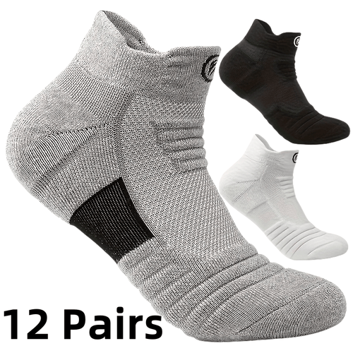 12 Pairs of Men's Thick Towel Fabric Sole Anti-slip and Moisture-absorbing Sports Socks, with Cushioning and Breathable Design, Suitable for Marathons, Outdoor Sports, Casual Wear, Sporty Style, Enhanced Stitching, and an Active Lifestyle