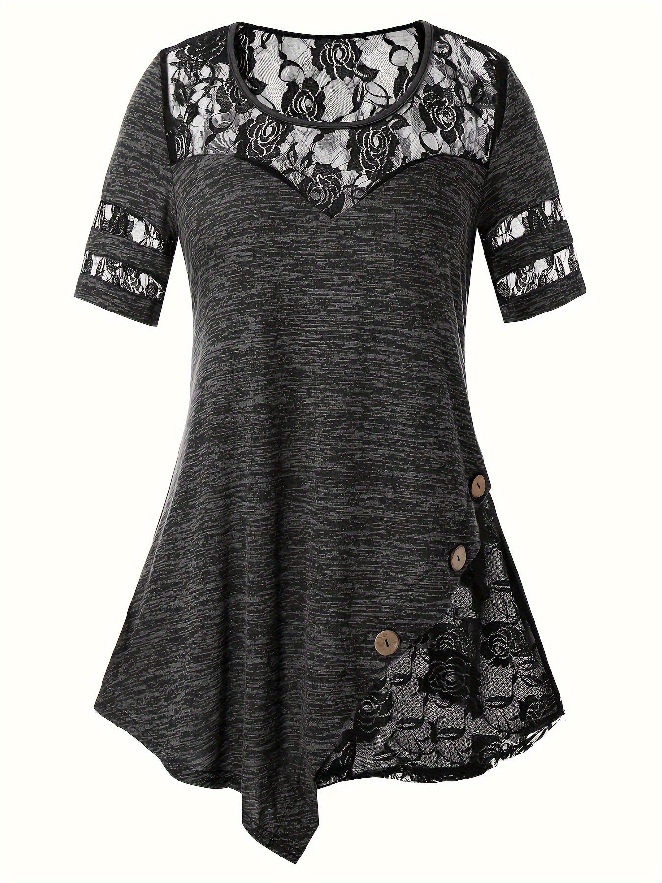 Plus Size - Plus Size - Women'S Plus Size Lace Trim Blouse Tops, Flattering V-Neck Tunic Shirt, Casual Dressy Elegant Tops, Flowy Tunic Top with Lace Sleeves, Comfort Stretch Blouse for Women, Loose Fit Shirt, Sizes XL-5X