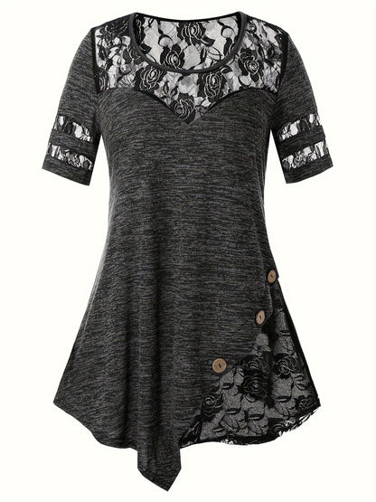 Plus Size - Plus Size - Women'S Plus Size Lace Trim Blouse Tops, Flattering V-Neck Tunic Shirt, Casual Dressy Elegant Tops, Flowy Tunic Top with Lace Sleeves, Comfort Stretch Blouse for Women, Loose Fit Shirt, Sizes XL-5X