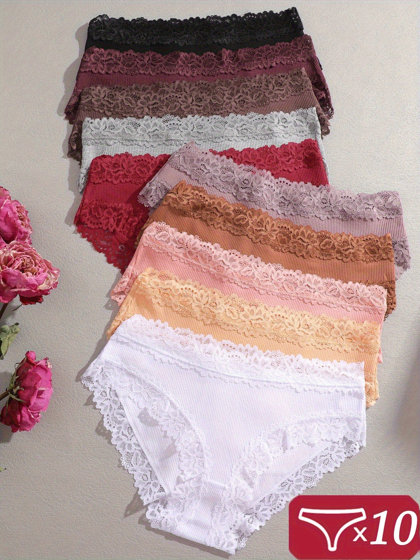 10pcs Women' Soft Breathable Underwear - Low-Rise Lace Briefs, Minimalist Solid Color Non-Sheer Low- Waist Panties, Comfortable Casual Attire Pack (10pcs)
