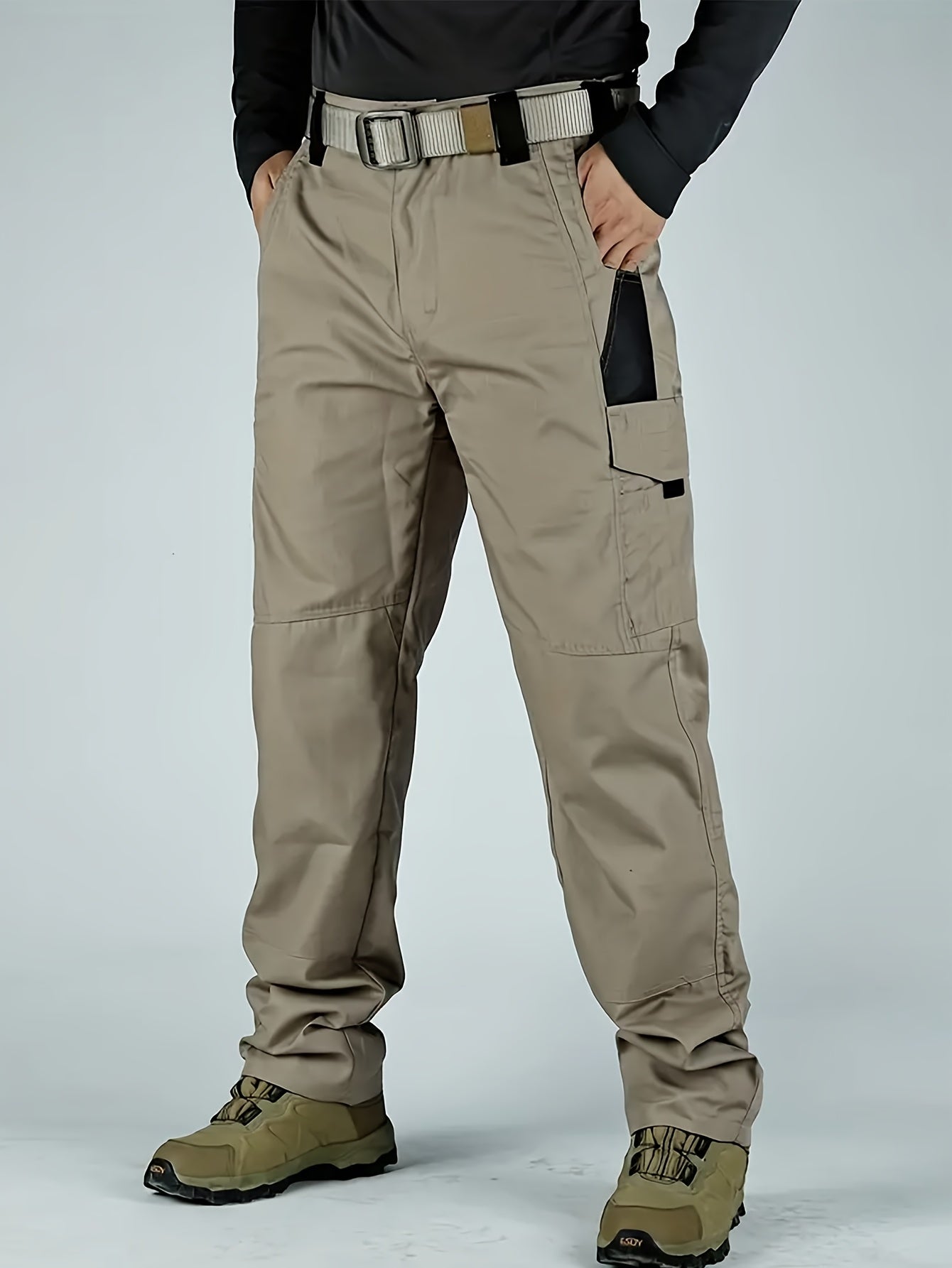 2pcs Set, Men'S Outdoor Cargo Pants, Multi-Functional Pockets, Lightweight, Ripstop, Durable Work Pants, for Camping Hiking Fishing, Suitable for Spring Summer And Autumn Seasons