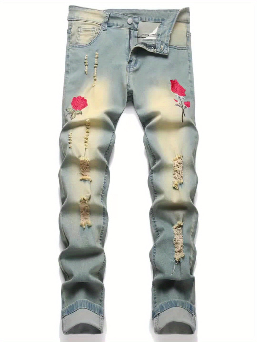 Men's Bright Yellow Denim Floral Graphic Jeans - product view 6