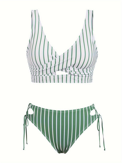 Women's Stripe Print Cross Front Tankini Set, Two-Piece Swimsuit With Adjustable Side Tie Bottoms, Summer Beachwear