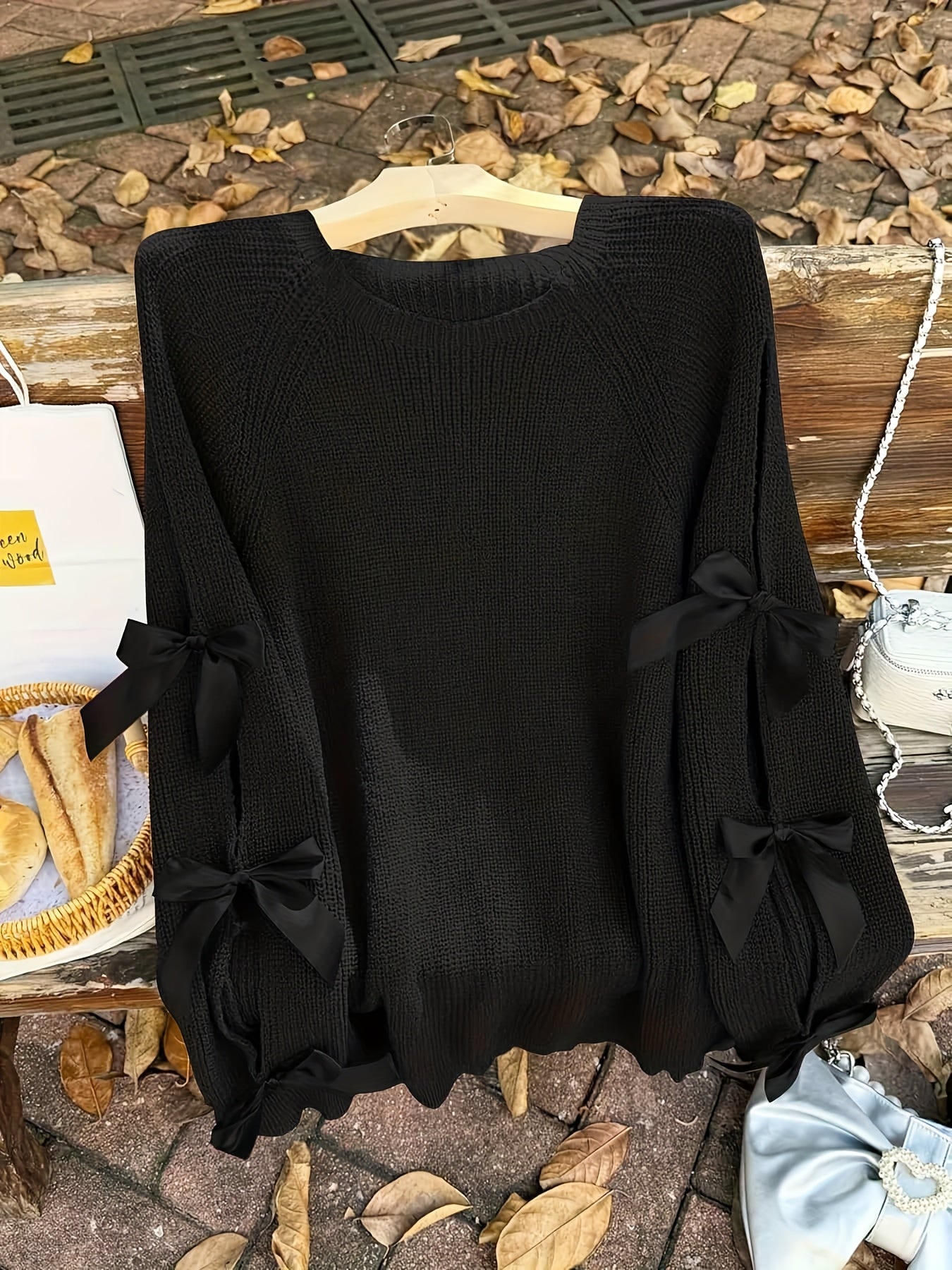 Plus Size, Plus-size  Sweet Style, Round Neck Balloon Sleeve Bow Sweater, Autumn and Winter Atmosphere Items