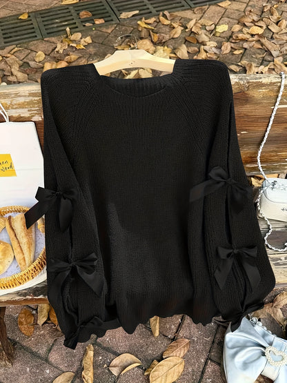 Plus Size, Plus-size  Sweet Style, Round Neck Balloon Sleeve Bow Sweater, Autumn and Winter Atmosphere Items