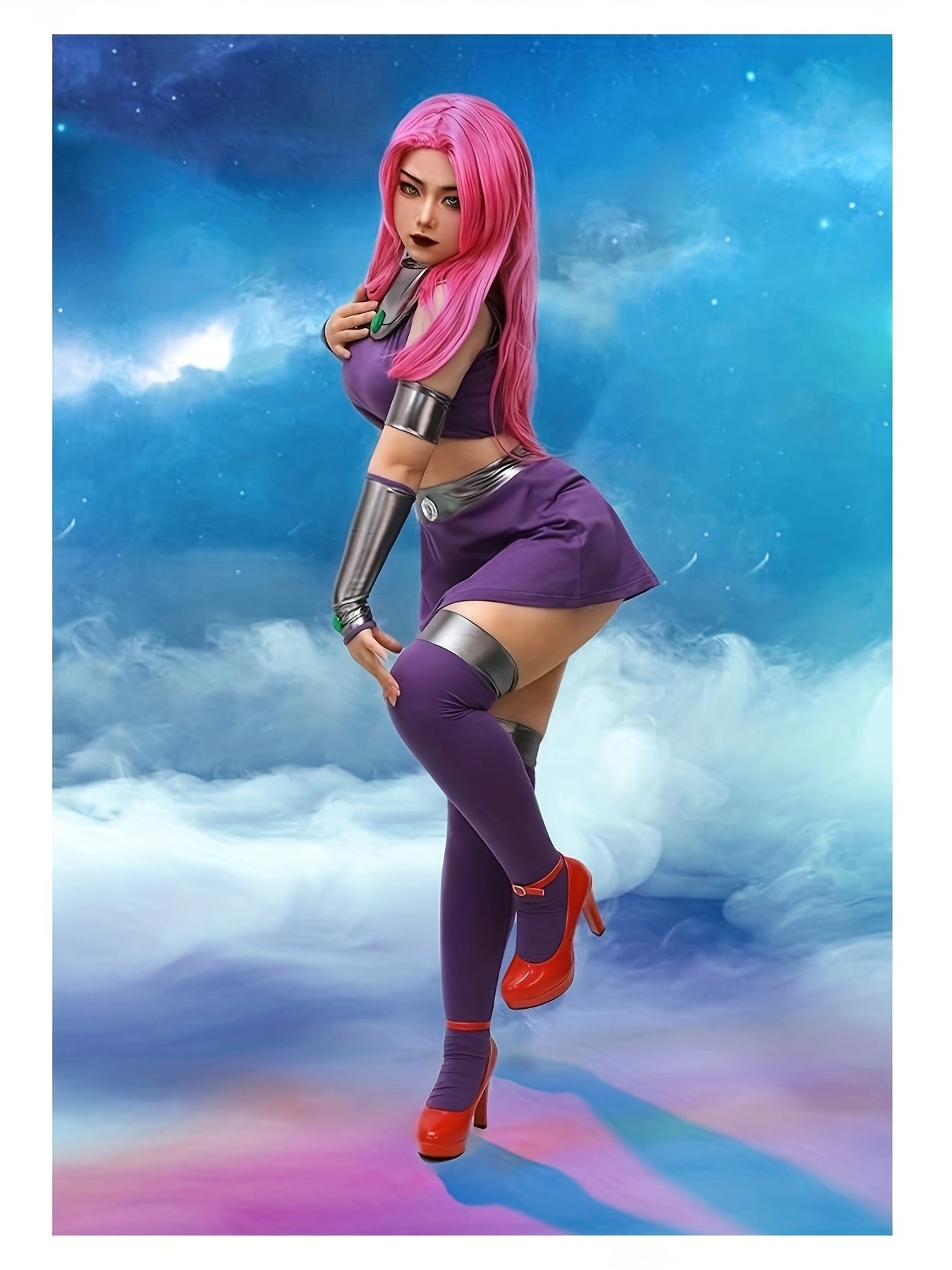 Women'S Halloween Outfit Featuring a Superhero Costume with a Purple Dress And Stockings