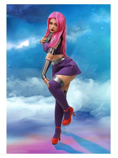 Women'S Halloween Outfit Featuring a Superhero Costume with a Purple Dress And Stockings