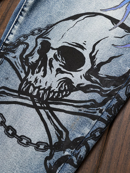 Cool Comfort, Men'S Slim-Fit Stretch Denim Jeans with Punk Skull Print - Versatile Casual Streetwear, Machine Washable