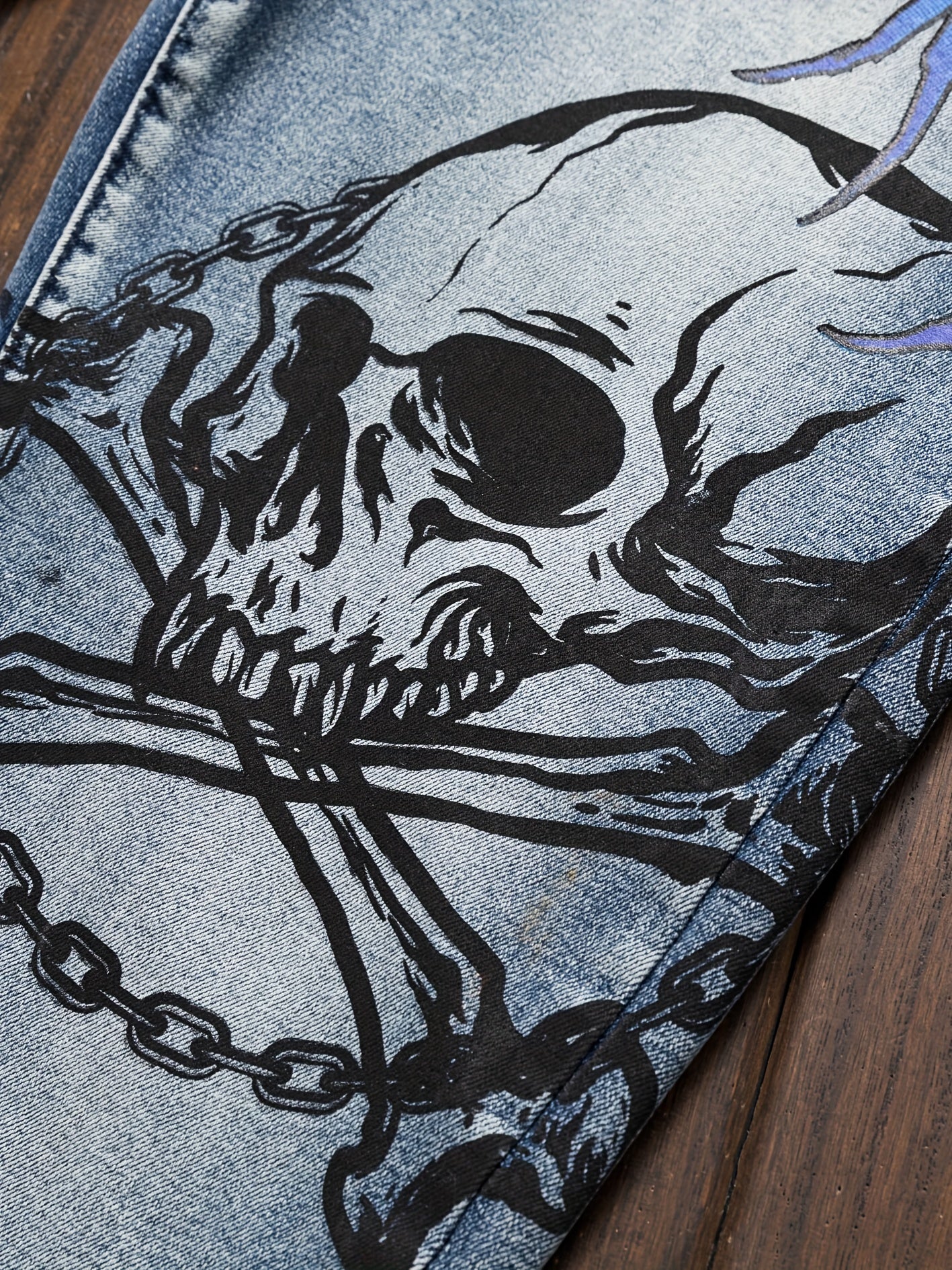 Cool Comfort, Men'S Slim-Fit Stretch Denim Jeans with Punk Skull Print - Versatile Casual Streetwear, Machine Washable