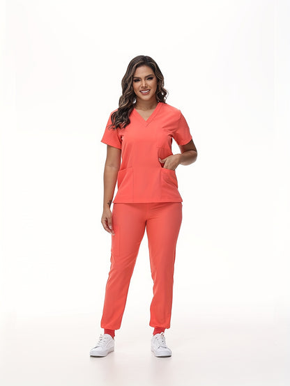 [Breathable Scrubs Set] Scrubs Top And Pants Unisex Breathable Quick Drying Scrubs Uniform Women And Man Scrubs Set V-Neck Top T-Shirt And Tapered Leg Jogger With Drawstring Nursing Uniforms Set Suitable For Pet Hospitals, Dental Clinics, Nursing Work, Et
