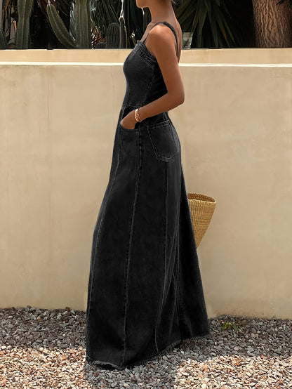 Vintage Washed Denim Maxi Dress for Women Sleeveless Long Jean Dress with Relaxed Non-Stretch Fabric, Casual Boutique Outfit for Spring Fall