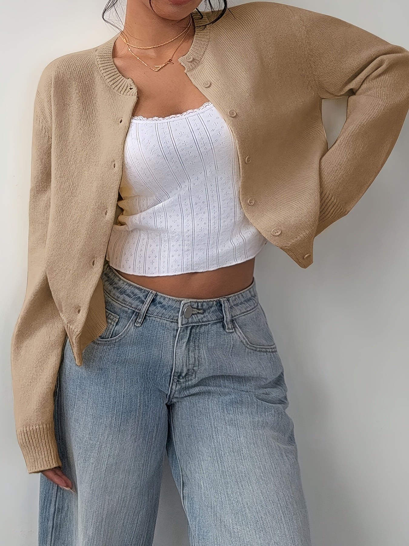 Womens Local Warehouse New Arrivals, Spring Autumn Round Neck Button Cardigan, Elegant Noble Ladies Cropped Long Sleeve Tops, Soft Slim Fit Casual Daily Outerwear, Ropa De Mujer Fashion Female Clothes Discount Promotion