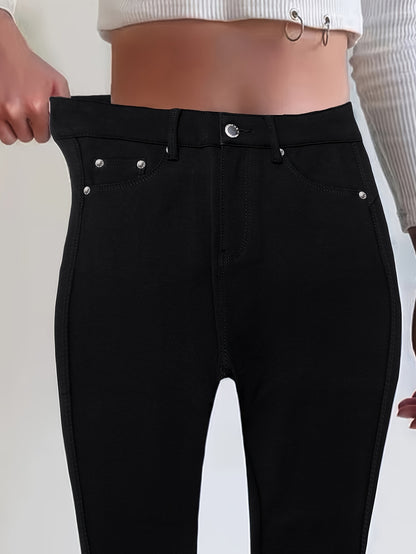 Women's High-Waisted Stretch Street Style Solid Black Skinny Fashion Metal Button Detail Casual Jeans