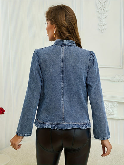25AW+ Women'S Lightly Distressed Blue Denim Jacket, A Ruffled Placket Cardigan Short Denim Top. It Boasts A Slim-Fitting And Body-Enhancing Shape, Showcasing A Trendy And Adaptable Design, Perfect for Spring, Summer, And Fall