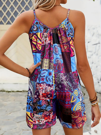 Women'S Patchwork Romper | Vibrant Paisley Pattern | Off-Shoulder, Sleeveless with Side Pockets | Polyester & Elastane Blend | Machine Washable | Ideal for Spring/Summer Casual Wear