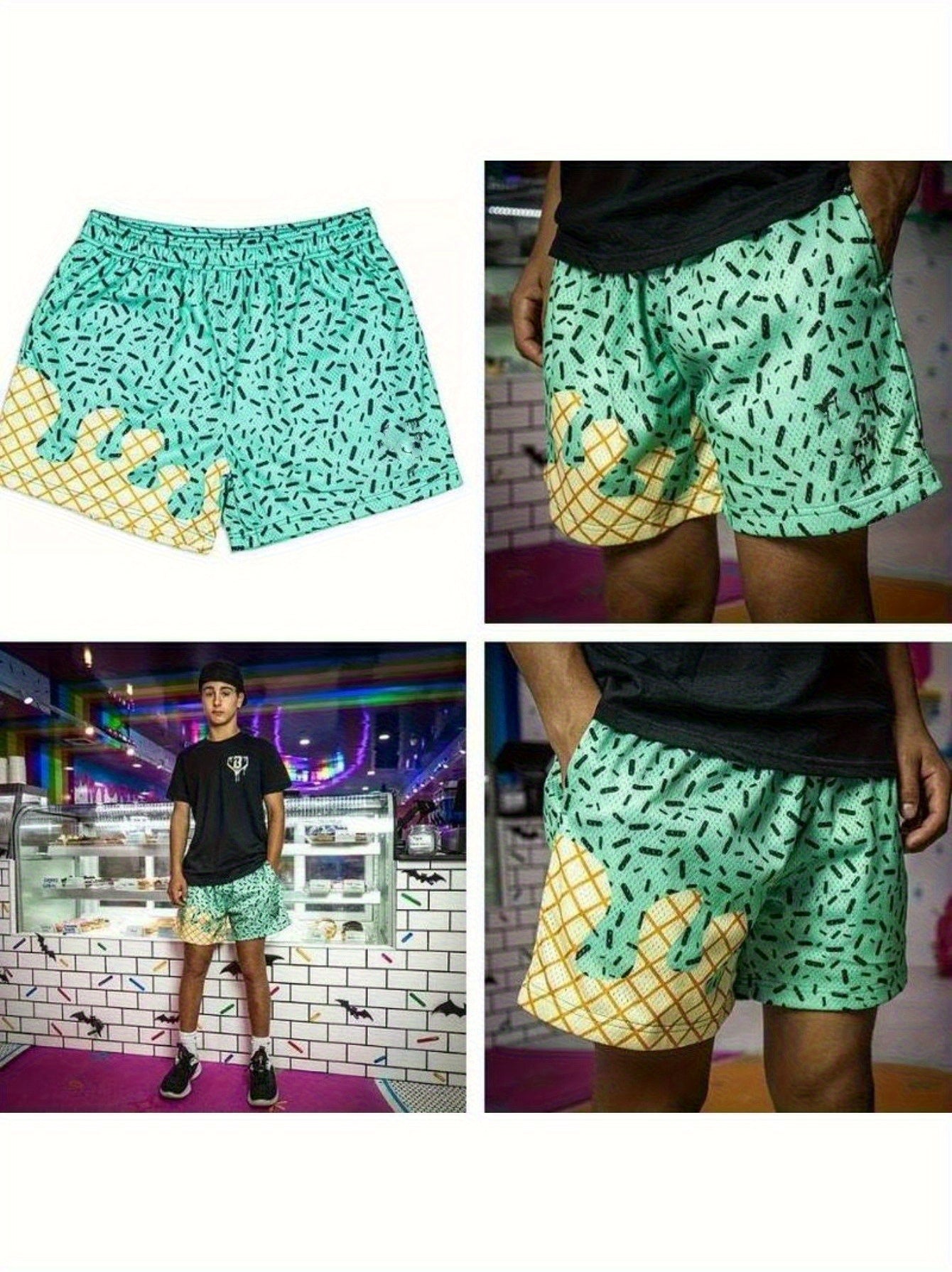 Youth Ice Cream Breathable Mesh Athletic Shorts with Elastic Waistband, Lightweight Summer Gym Shorts