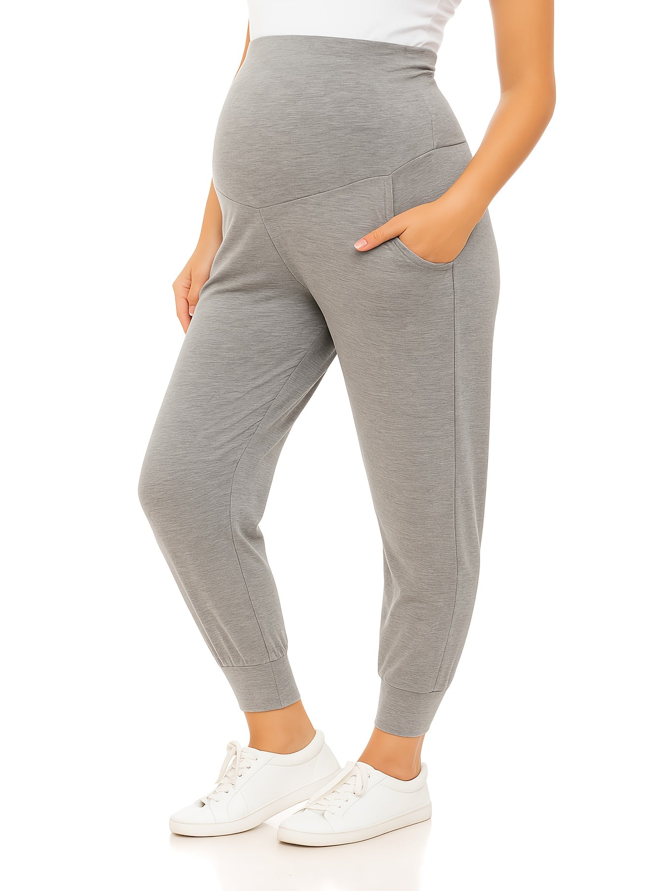 2pcs Women's Maternity High-Waisted Stretchy Pants - 95% Rayon 5% Spandex Tummy Control Elastic Waistband, 7/8 Length with Pockets for Running, Lounge & Postpartum - All-Season Comfort (Black & Grey), Maternity Pants, Pregnancy Clothing, Solid Color Pants