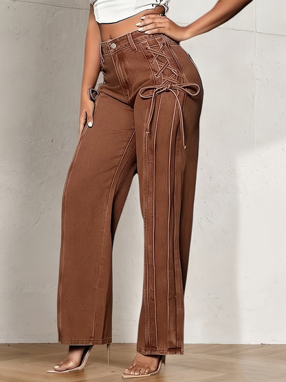 Wide-Leg Straight Jeans for Women Featuring a Side Tie-Up Bow Design, Mid-Rise Relaxed Fit, Ideal for Casual Streetwear, Vacations, Work, And Daily Use, with a Y2K Retro Vibe