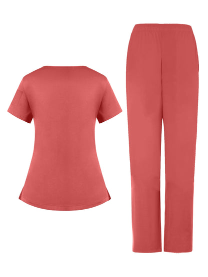 2pcs Women's Breathable V-Neck Work Uniform - Machine Washable Pocket Detail Matching Top & Pants, Casual Work Clothes Suitable for Work Uniforms, Healthcare, Education, Retail - Comfortable Professional Attire