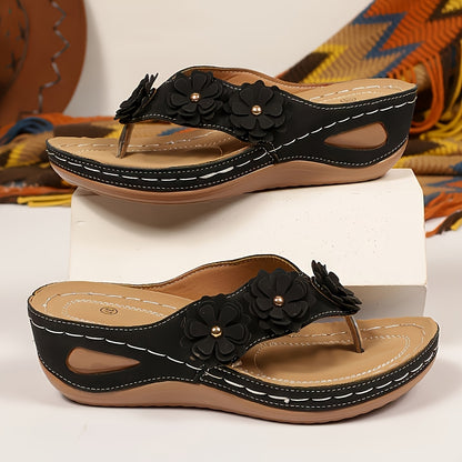 Women'S Fashion Slip-On Flip-Flops Casual Peep-Toe Flat with Floral Embellishment, Comfortable PU Sole, Suitable for All Seasons, Casual Shoes, Floral Embellished Sandals, Comfortable Shoes
