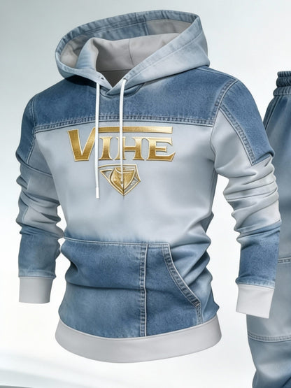 [VIHE Gradient Faux Denim Print Hooded Set] Men'S Hooded Sweatshirt And Jogger Pants, Faux Denim Print Gradient Texture Design, Golden VIHE Brand Logo Accent, Relaxed Fit for Daily Casual/Retro Style Wear, Faux Denim Print Texture Combines Comfort