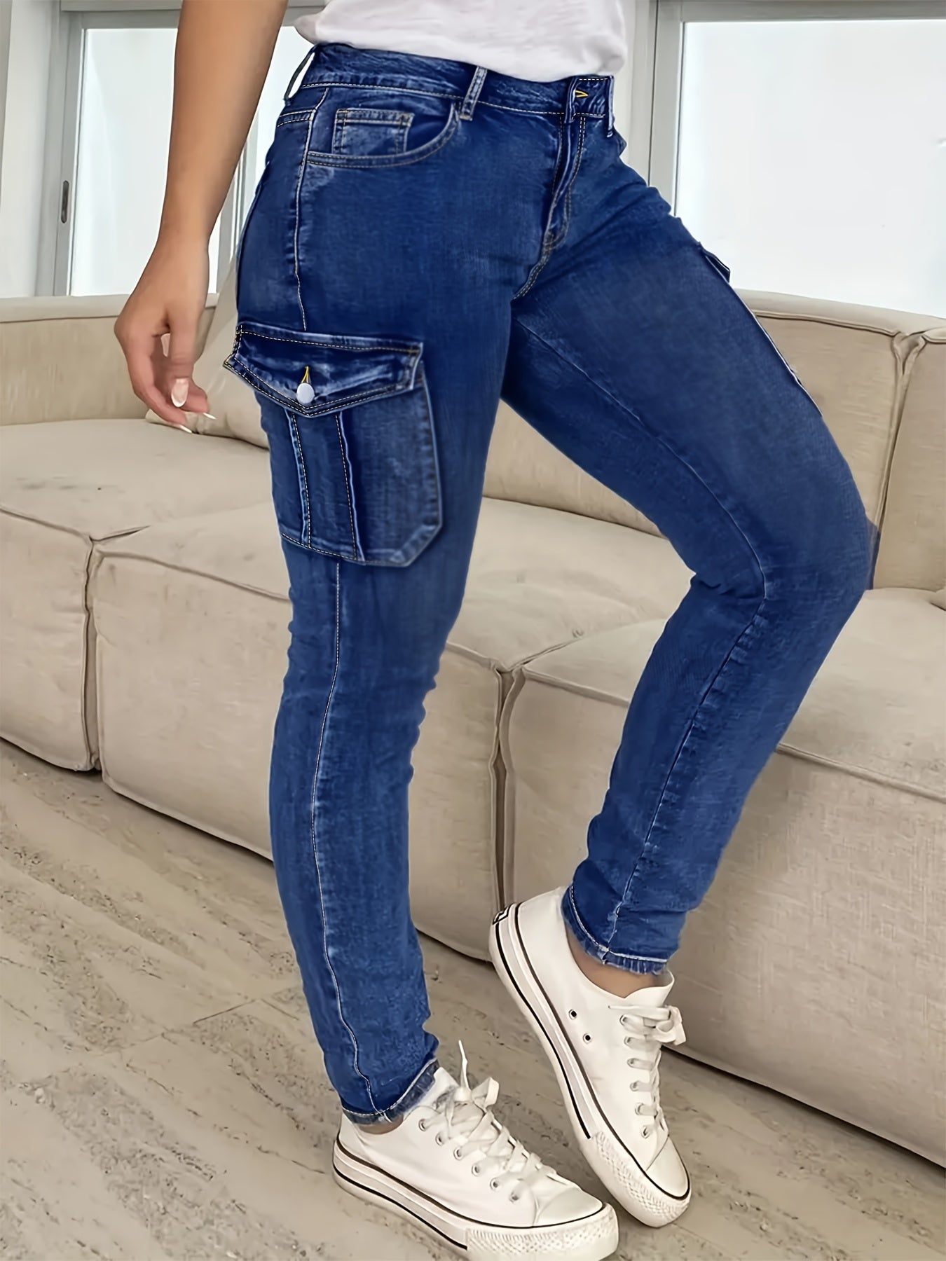 Plus Size - Women'S Plus Size High-Waist Stretchy Skinny Jeans with Pockets - Dark Blue Casual Tight Pants, Comfortable And Stylish for Casual Attire, High Waisted Jeans, Comfortable Clothing, Minimalist Design, Smooth Texture